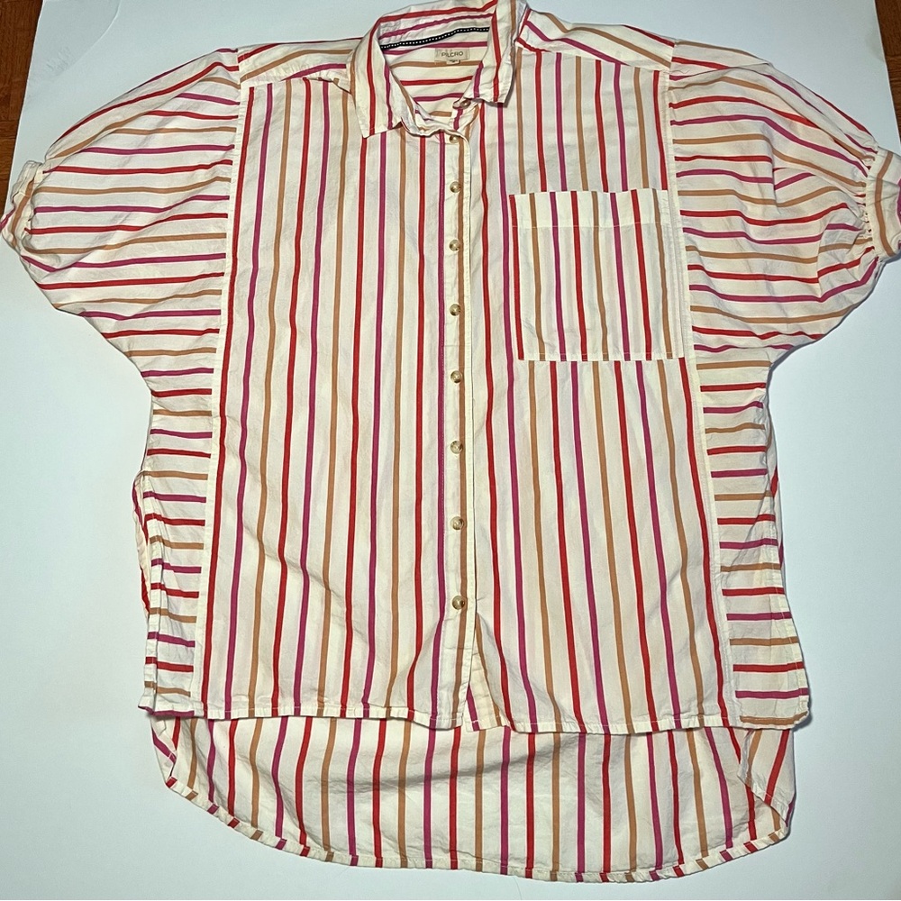 Boho Chic oversized Striped Puff Sleeve button down shirt women’s Small EUC - Picture 2 of 9